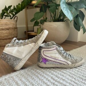 Purple slide golden goose with silver glitter